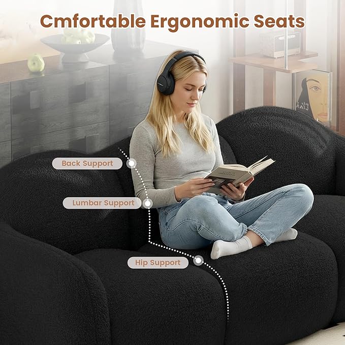 90.55 Inches 3-Seater Sofa Couch Modern Teddy Plush Boneless Sofa in a Box Soft Couches for Living Room Apartment No Assembly for Small Spaces Black