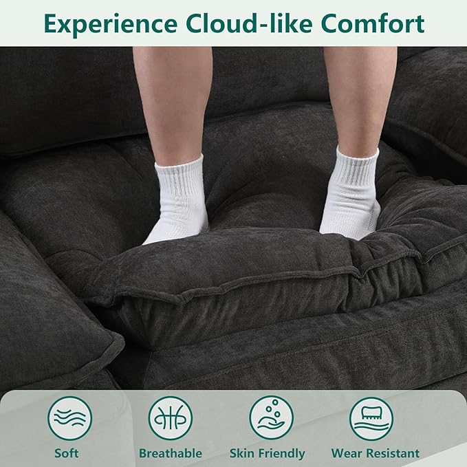 Modular Sectional U Shaped Sofa Couches for Living Room Cloud Couch with Movable Ottoman Comfy Chenille Sofa with Pillow for Bedroom and ApartmentBlack