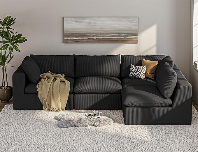 ARSURA 106” Cloud Couch for Living Room | L-Shaped Boneless Couch | Modular Sectional Couch | Corduroy Black
