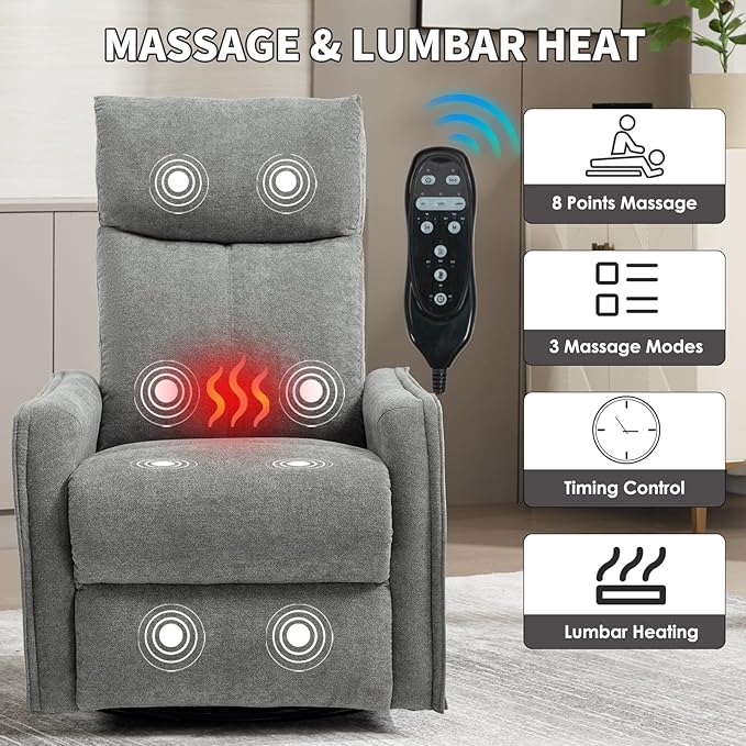 Swivel Rocker Recliner Chair 360° Swivel Recliner with Heat and Massage Rocker Recliner Easy to Clean Nursery Glider Recliner Chair with Side Pockets for Living Room Light Grey