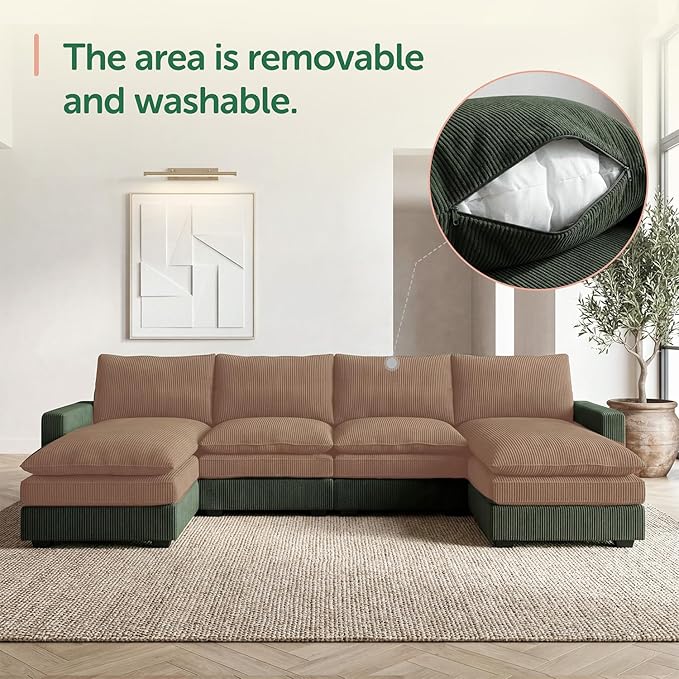 HONBAY 127.2 Inch Corduroy Cloud Modular Sectional Sofa with Chaise Deep Seat U-Shaped Couch with Storage for Living Room Apartment Small SpaceGreen