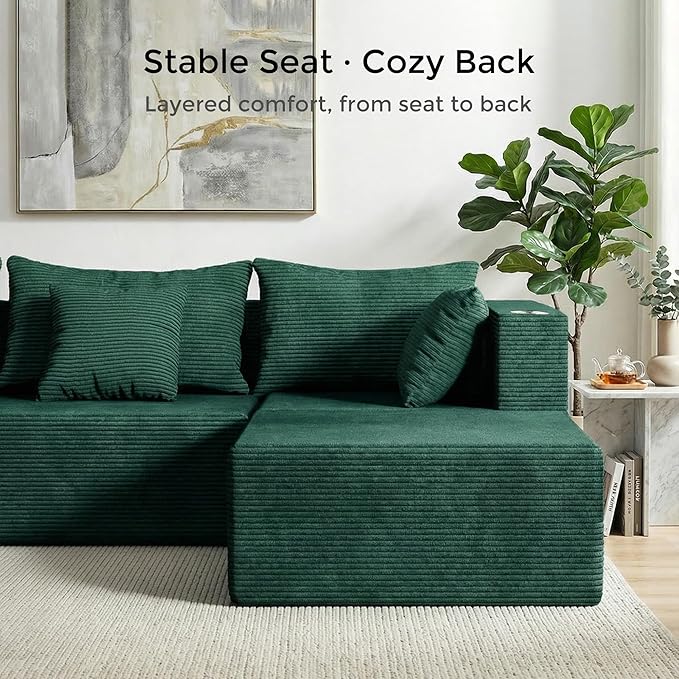WELAX 104 Modular Sectional Couches for Living Room Boneless Couch L-Shape with Cup Holders &amp Pillows Modern Corduroy Cloud Sofa 4 Seater Home Comfy Sofas for Bedroom Green