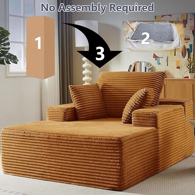 49.2 Oversized Chaise Lounge Chair Indoor Modern Upholstered Deep Seat Sofa Bed Sleeper Couch Reading Chairs Comfy Corduroy Cloud Sofas Couches for Living Room No Assembly Orange