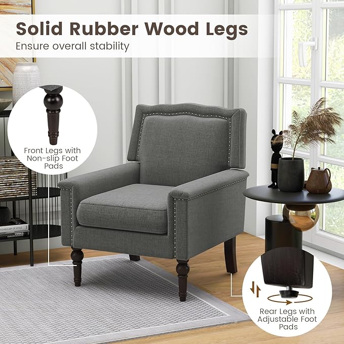 Giantex Mid-Century Modern Accent Chair Grey Linen Fabric Upholstered Armchair w/Rubber Wood Legs Nailhead Trim Max Load 440 Lbs Comfy Single Sofa Side Chair for Living Room Bedroom