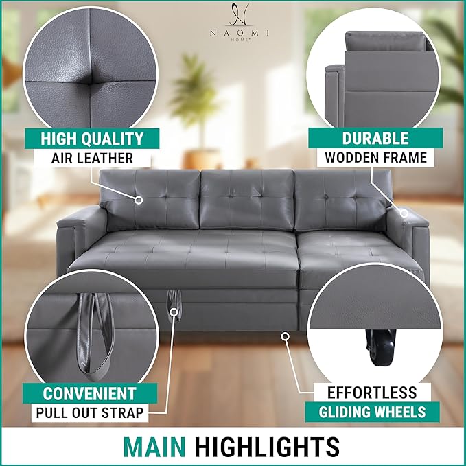 Naomi Home L-Shaped Sectional Sleeper Sofa with USB Ports - Convertible Pull-Out Bed Ample Storage Timeless Design Durable Construction Gray/Air Leather