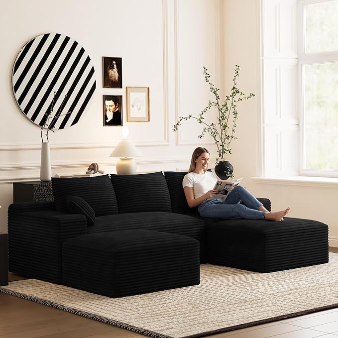 Modular Sectional Sofa Cloud Couch 108'' Comfy U Shaped Sectional Couches for Living Room Deep Seat Cozy Fluffy Corduroy Boneless Couch Sectionals Sofa with Movable Ottomanm Black