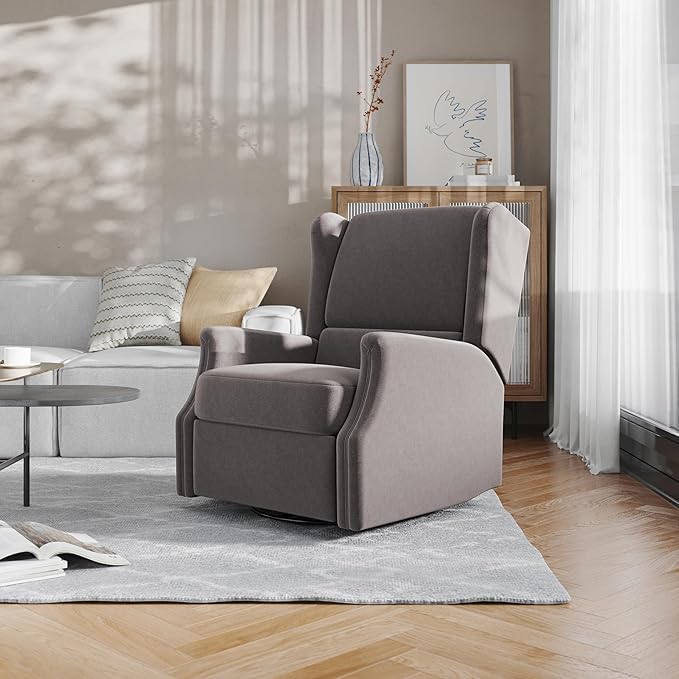 Flash Furniture Omma Swivel Glider Rocking Recliner Manual Wingback Recliner with 360 Degree Swivel for Living Room Bedroom or Nursery Upholstered Dark Gray