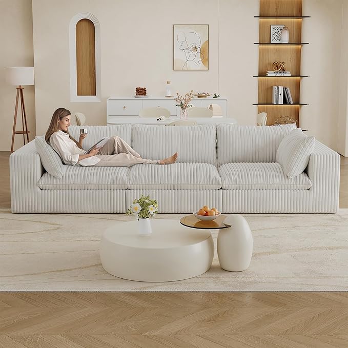 Oversized 118 W Corduroy Boneless Couches for Living Room No Assembly Required 3-Seaters Modular Sectional Sofa with Removal Cushion Comfy Plush Upholstered Couch for Apartment/Office (White) | Co