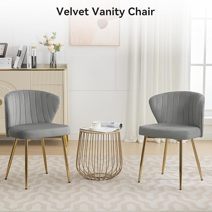 Velvet Vanity Chair Set of 2 Modern Makeup Chair with Back Golden Legs Small Cute Accent Chair for Vanity Living Room Bedroom Grey