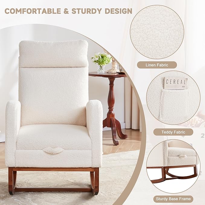 Nursery Rocking Chairs with Foot Rest Rocking Chair Nursery Chair with High Back Glider Rocking Chair Baby Nursery Glider Rocker Nursing Chair Accent Living Room (Teddy White)