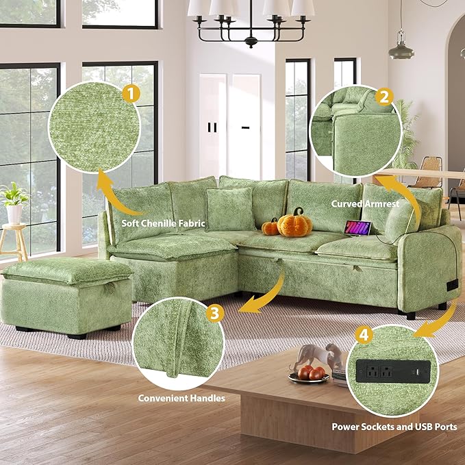 LUMISOL 82.7 Convertible Sleeper Sofa Bed with Storage Ottoman L-Shaped Sectional Sofa with Pull Out Bed USB Ports Chenille Sleeper Sofa Couch with Chaise for Living Room Green