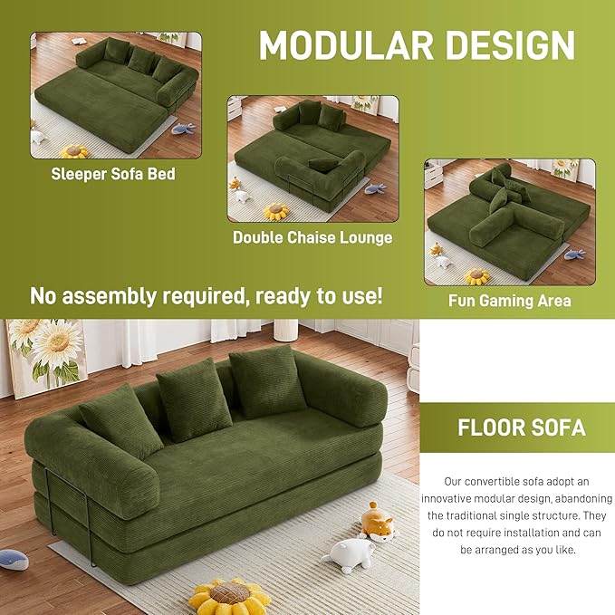 Convertible Sofa Bed Corduroy Memory Foam Compression Sofa Modular Floor Sofa with Pull-Out Bed Compressed Couch in Box Folding Sleeper Couches Bed for Living Room Bedroom Lounge Olive Green