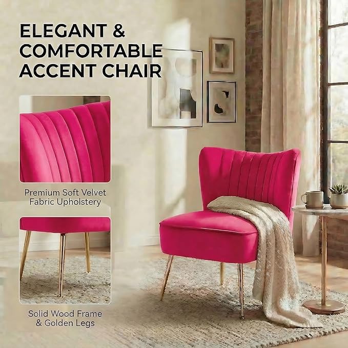 DUOMAY Modern Accent Chair Set of 2 Velvet Slipper Chair with Gold Legs Wingback Side Chair for Living Room Bedroom Entryway Small Corner Chair for Space Saving Rose Red