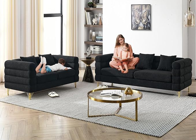 Antetek 81-inch Couches + 60-inch Loveseat Sofa for Living Room Modern Teddy Fabric Upholstered Sofa Couch with Square Arm and 4 Golden Metal Legs for Living Room Office Apartment