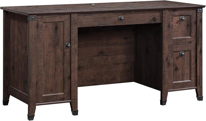 Sauder Carson Forge Rustic Vintage Computer Desk with Drawers Storage in Coffee Oak finish