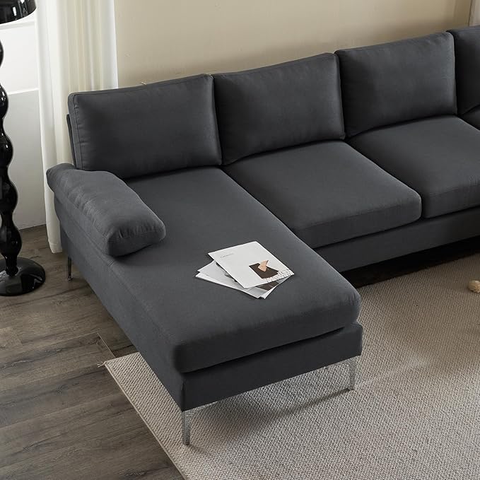 Karl home Convertible Sectional Sofa 110 U-Shape Sofa Couch 4-Seat Couch with Chaise Fabric Upholstered for Living Room Apartment Office Dark Gray