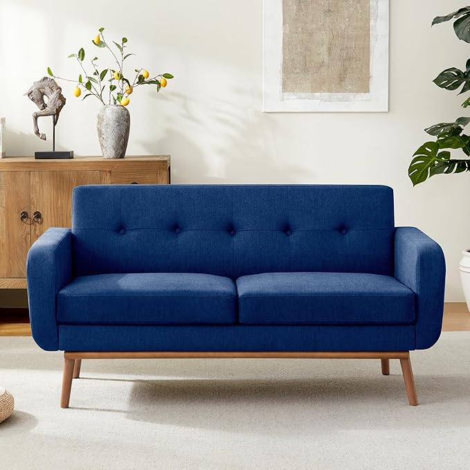 HUIMO Sofa Couch Mid Century Modern Sofa with Solid Wood Frame Button Tufted Couch for Bedroom Living Room Office Apartment (Dark Blue 60 inch)