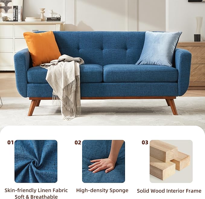 Kingfun Loveseat and Sofa Sets Mid Century Modern Linen Love Seat Couches for Living Room Button Tufted Upholstered Furniture Easy to Install Small Couch for Bedroom Office Apartment Blue