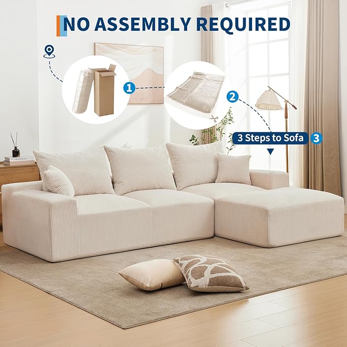 110 Modular Sectional Sofa Couches for Living Room Cloud Memory Boneless Couch No Assembly RequiredComfy Cloud 3-Seater Couch with Chaise Memory Foam Sofa for Offices Bedroom and Apartment