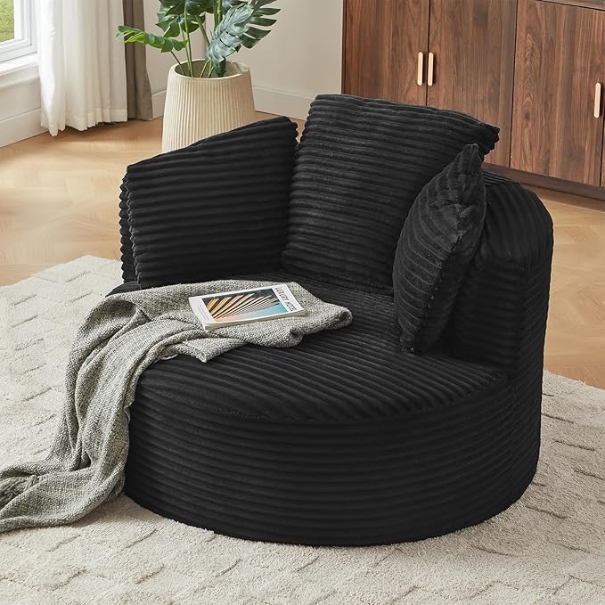 Round Chair Lounge Chaise Indoor 48.8 Oversized Sofa Chair Upholstered Corduroy Deep Seat Sleeper Sofa Bed No Assembly Required for Living Room Bedroom Apartment Black
