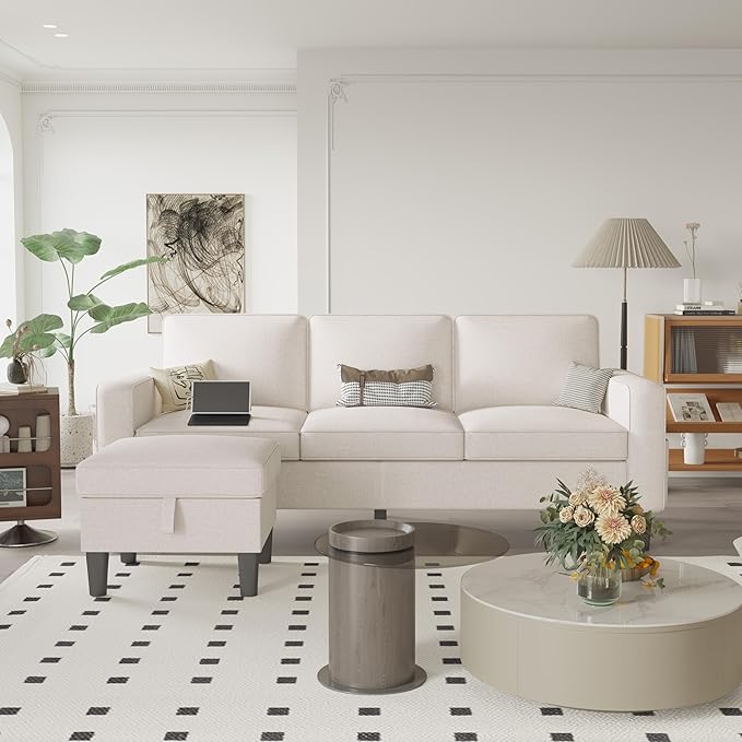 ZeeFu Sectional and Sofa Couches for Living Room - 78'' 3 Seater L-Shaped Modular Couch with Storage Ottoman - Modern Linen Fabric Upholstered Sofa Set for Small Space Apartment Office