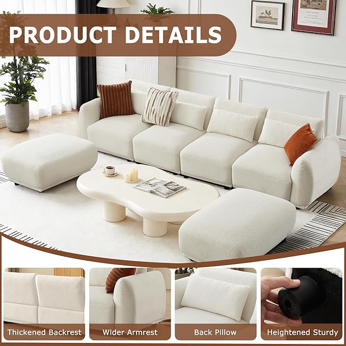 U Shaped Cloud Sectional Convertible L Shaped Couch with Removable OttomansModular Cloud Couch Sectional for Living Room(4 Set + 2 Ottomans - White)