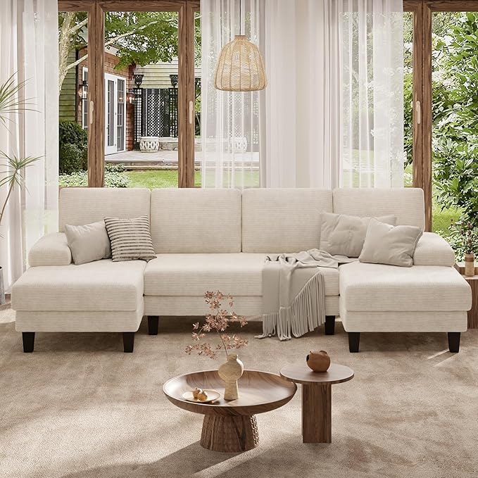 110 U-Shaped Sectional Sofa Couch for Living RoomModern Modular Sofa with Double ChaiseClassic Lounge Couch Sleeper for Apartment Beige Corduroy