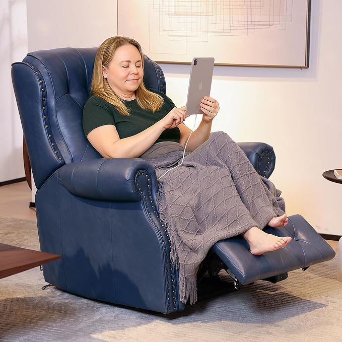EONIX Dual Motor Lay Flat Power Recliner Chair Mid Century Wingback Recliner with Independent Adjustable Backrest and Extended Footrest 400lbs Heavy Duty Breathable Faux Leather Navy Blue