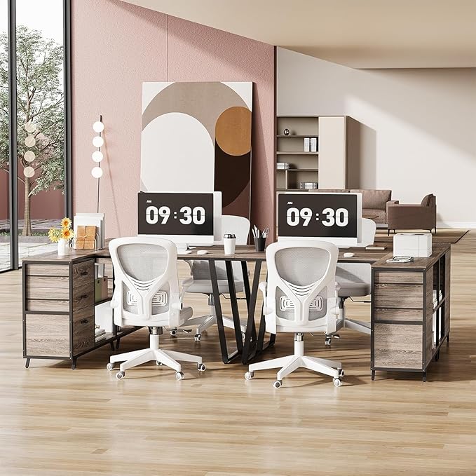 LITTLE TREE L-Shaped Desk with 3-Tier Drawer Cabinet 53 Reversible Corner Desk with Wooden Storage Shelves Farmhouse Computer Desk for Home Office Modern Writing Workstation for Bedroom Grey
