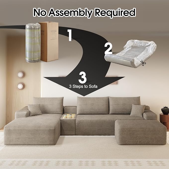 ‌123.6 Modern Cloud Boneless Corduroy Sectional Couch with U-Shape Chaise Ottoman and Side Table No Assembly Required Deep Seat Upholstered Modular Sofa for Living Room (Camel Left Facing)