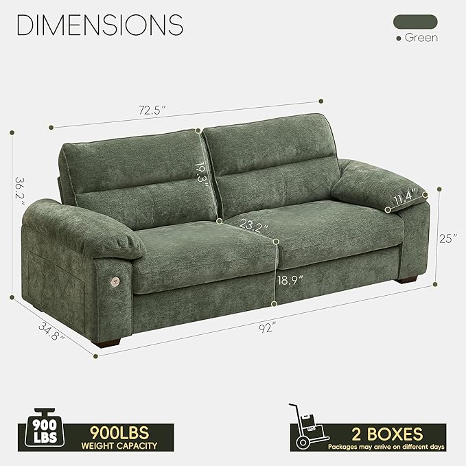 Ihanherry 92 Modern Sofa for Living Room Deep Seat Chenille Couch with Fast Charging Port &amp Removable Washable Cushions Pillow-Armrest Loveseat for Small Space/Apartment Sturdy Frame Green