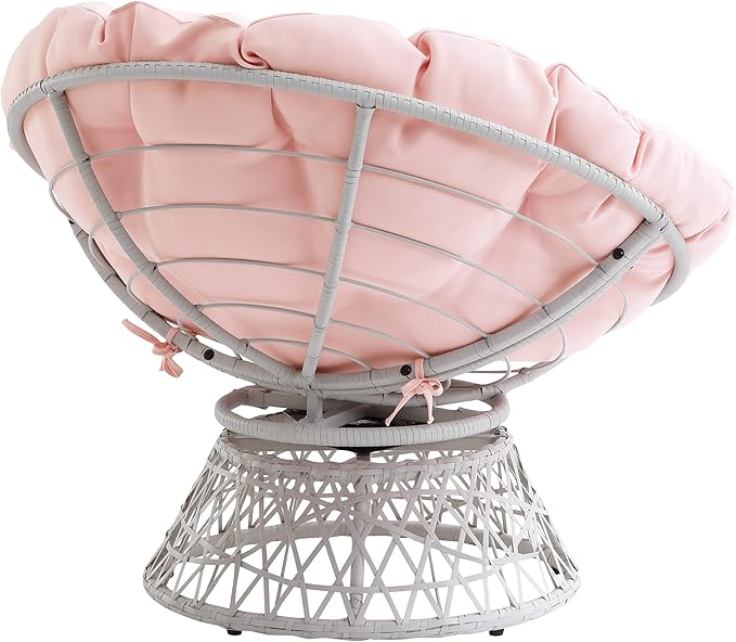 OSP Home Furnishings Wicker Papasan Chair with 360-Degree Swivel Cream Frame with Pink Cushion
