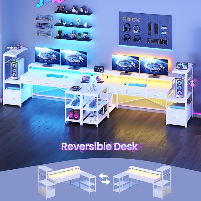 SEDETA L Shaped Gaming Desk with PC Display Stand 59Inch Reversible Computer Desk with Storage Shelves 4 Drawer &amp LED Lights Modern Gamer Desk Table with Power Outlet Monitor Stand White