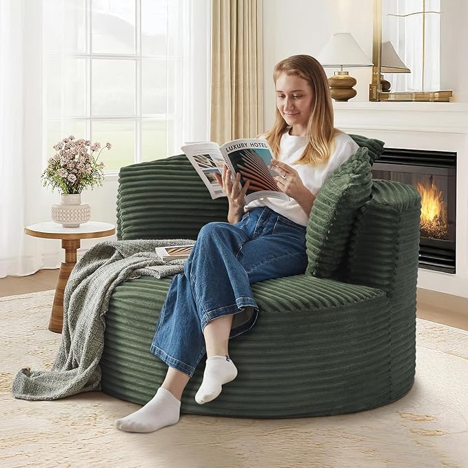 48W Oversized Round Chaise Longue Chair IndoorCorduroy Fluffy Comfy Cloud ChairCircle Bean Bag Sofa with Foam Filling &amp PillowsBoneless Reading Cozy Sofa Chairs for Living RoomBedroomGreen