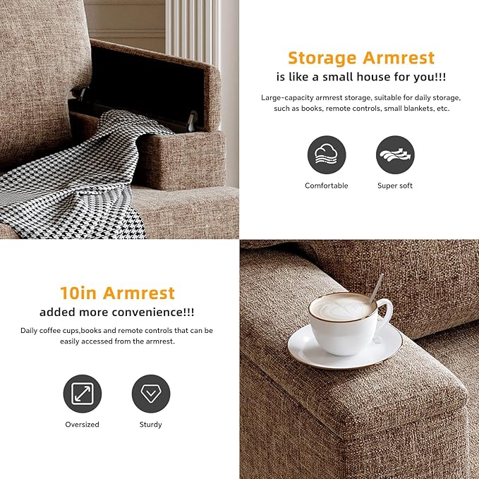 Sectional Couch Sofa with Armrest Organizer85 L Shaped Couch with OttomanVelvet Convertible Couches for Living RoomSofas Set with Single Chair for BedroomHome FurnitureBrown