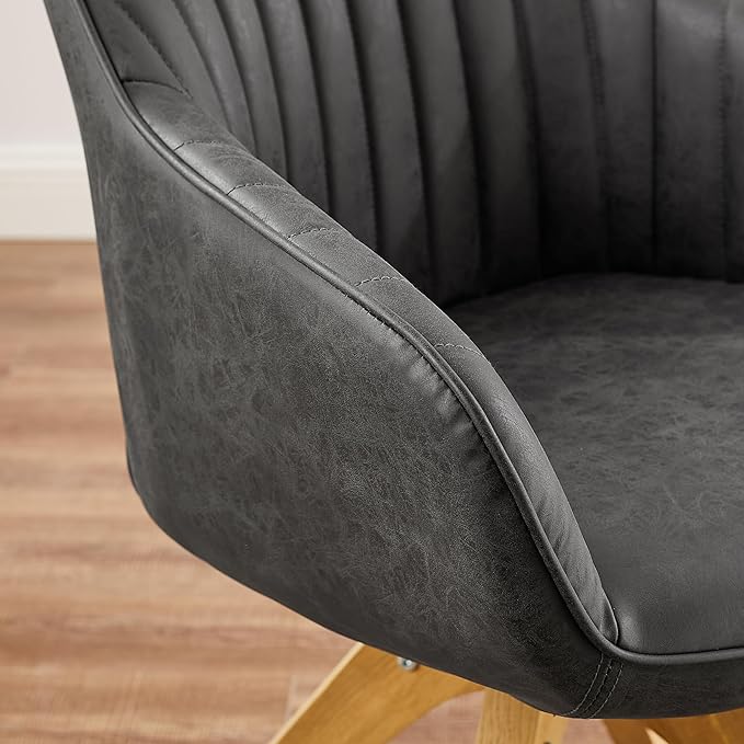 Art Leon Dining Chair Mid Century Modern Faux Leather Upholstered Swivel Dining Room Chair with Oak Wood Legs Leisure Side Chair with Arms for Living Room Black
