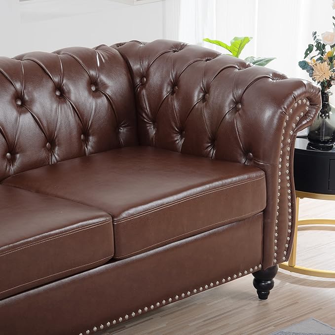 GDFStudio 85 Tufted Button Chesterfield Sofa with Deep Seat Cushions Rolled Arms &amp Gold Accent Strip 3-Seater Midcentury Modern Sofa for Living Room Classic Couch Furniture Dark Brown + PU