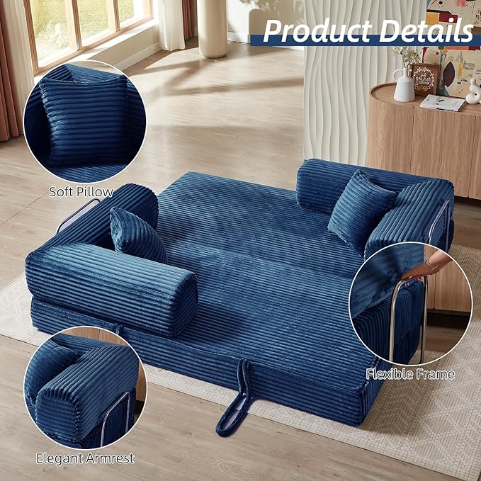 Convertible Folding Sofa BedFold Out Floor Sofa Couch with Fixed-Shape FrameCorduroy Foldable Mattress Cloud Couch for Living Room Bedroom (Blue 81 Inch)