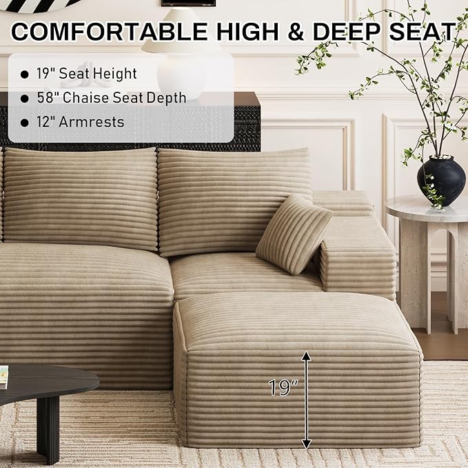 108 L Shaped Boneless Sectional Couches for Living Room Comfy Sectional Couches Deep Seat Modular Sofa Cloud Fluffy Couch with Movable Ottoman No Assembly Needed Light Brown