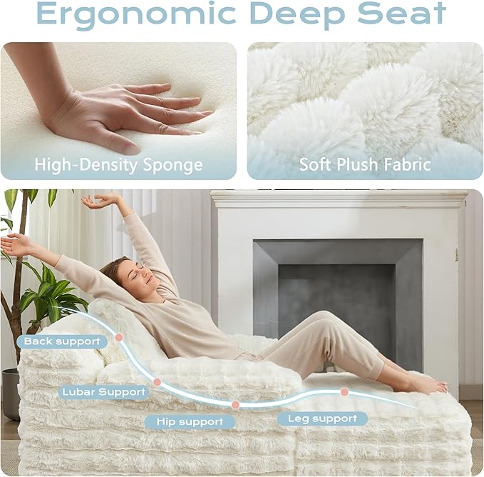 Oversized Lounge Chair Plush Faux Fur Comfy Reading Chair Boneless Chaise Sofa Recliner Bed Sleeper Couch with Wide Pillow Armrest for Living Room Bedroom (White)