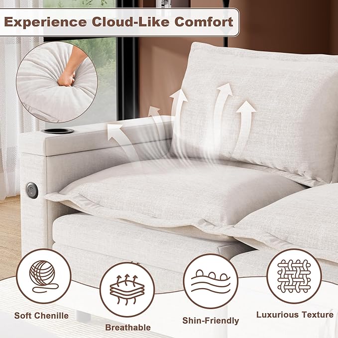 80.5 L Shaped Modular Sectional Sofa 3 Seater Cloud Couch with Ottoman Chenille Deep Seat Couch for Living Room Small Spaces Beige