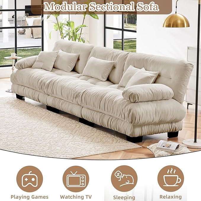 Modular Sectional Sofa 133.8 Oversized 3 Seater Sofa with 5 Pillows Deep Seat Long Sofa Chenille Comfy Soft Cloud Couch for Living Room (Light Coffee 3 Seat)