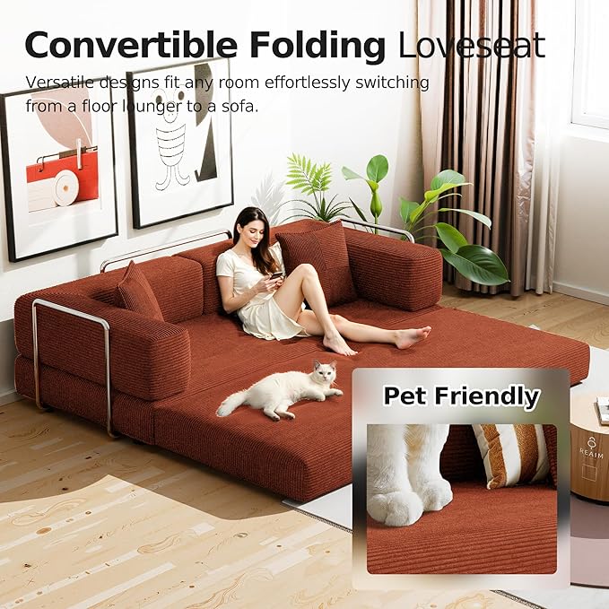 79 Convertible Floor Sofa BedCorduroy Sleeper Sofa with Side Pocket and Fixed-Shape Frame5-in-1 DIY Foldable Couch for Living RoomBedroom(Orange)
