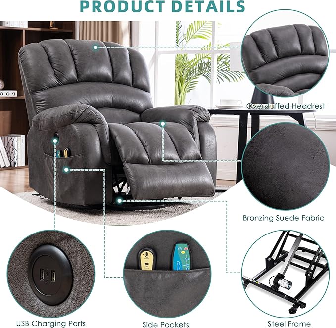 MEETWARM Large Power Lift Electric Recliner Chair with Massage and Heat Overstuffed Wide Recliner with 2 Remote Controls for Elderly Big People Heavy Duty Recliners USB Ports Side Pockets(Gray)