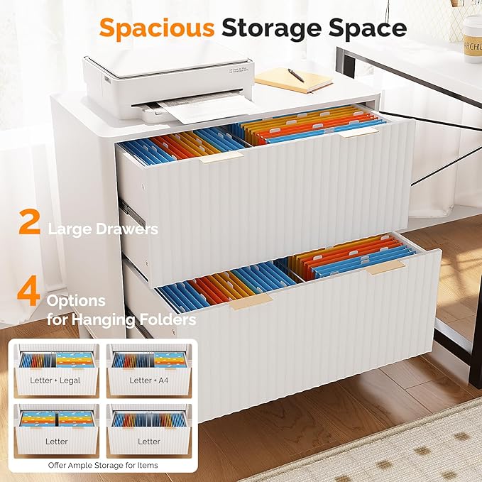 VINGLI 2 Drawer File Cabinet Home Office Filing Organizer for Letter Legal A4 Size File Folder Storage Modern Style Fluted Design Wood Lateral Filing Cabinet Printer Stand Archivador White