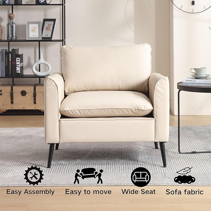 Modern Accent Chair Set of 2Comfy Reading Accent Chairs Sofa ChairsUpholstered PU Faux Leather Armchair with Wood Legs for Living RoomBedroomBeige