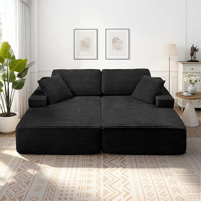 89.3” Oversized Double Chaise Lounge Indoor Black Corduroy Chaise Lounge Chair Upholstered Sleeper Sofa Bed Deep Seat Sleeper Loveseat Reading Chairs Boneless Cloud Couch for Living Room Bedroom