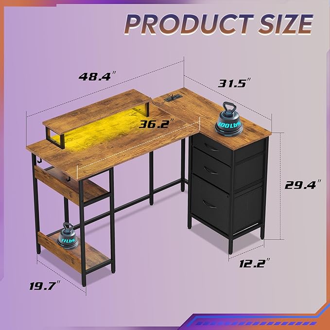 DEVAISE L Shaped Desk with Drawers and Storage L Shaped Office Desk with Power Outlets CPU Stand Monitor Stand Gaming Table with LED Light Corner Desk for Home Office (Rustic Brown 48*31 Inch)