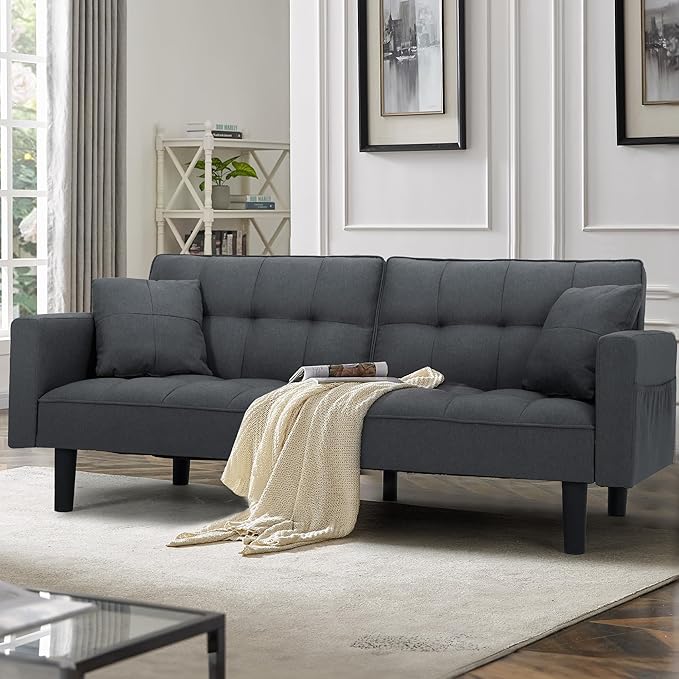 AVAWING Futon Sofa Bed Modern Linen Fabric Convertible Upholstered Couch with Adjustable Back Arms and High Strength Nylon Legs for Living Room Apartment Office (Grey)
