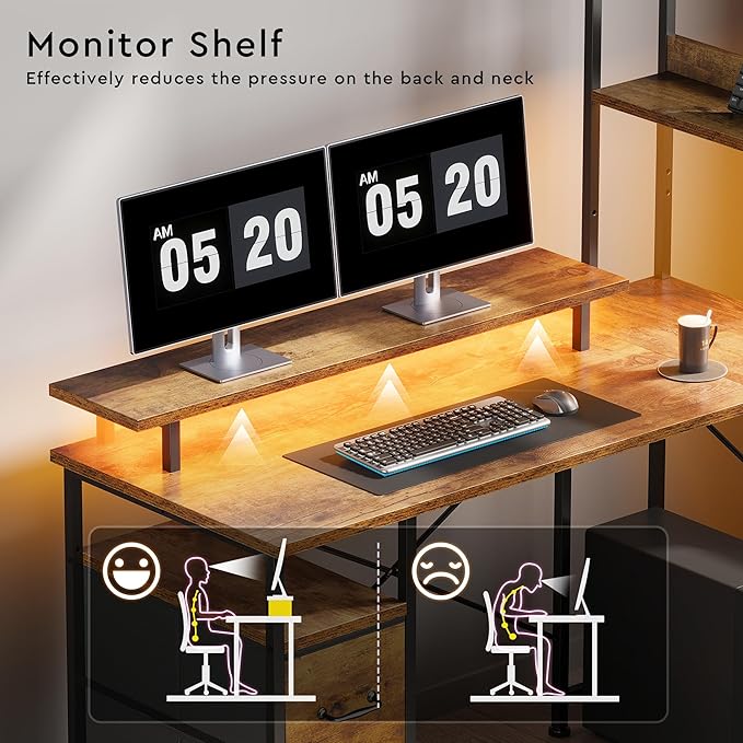 L Shaped Desk with ShelvesReversible Computer Desk with LED Lights and Charging StationHome Office Corner Desk with Monitor StandBrown2